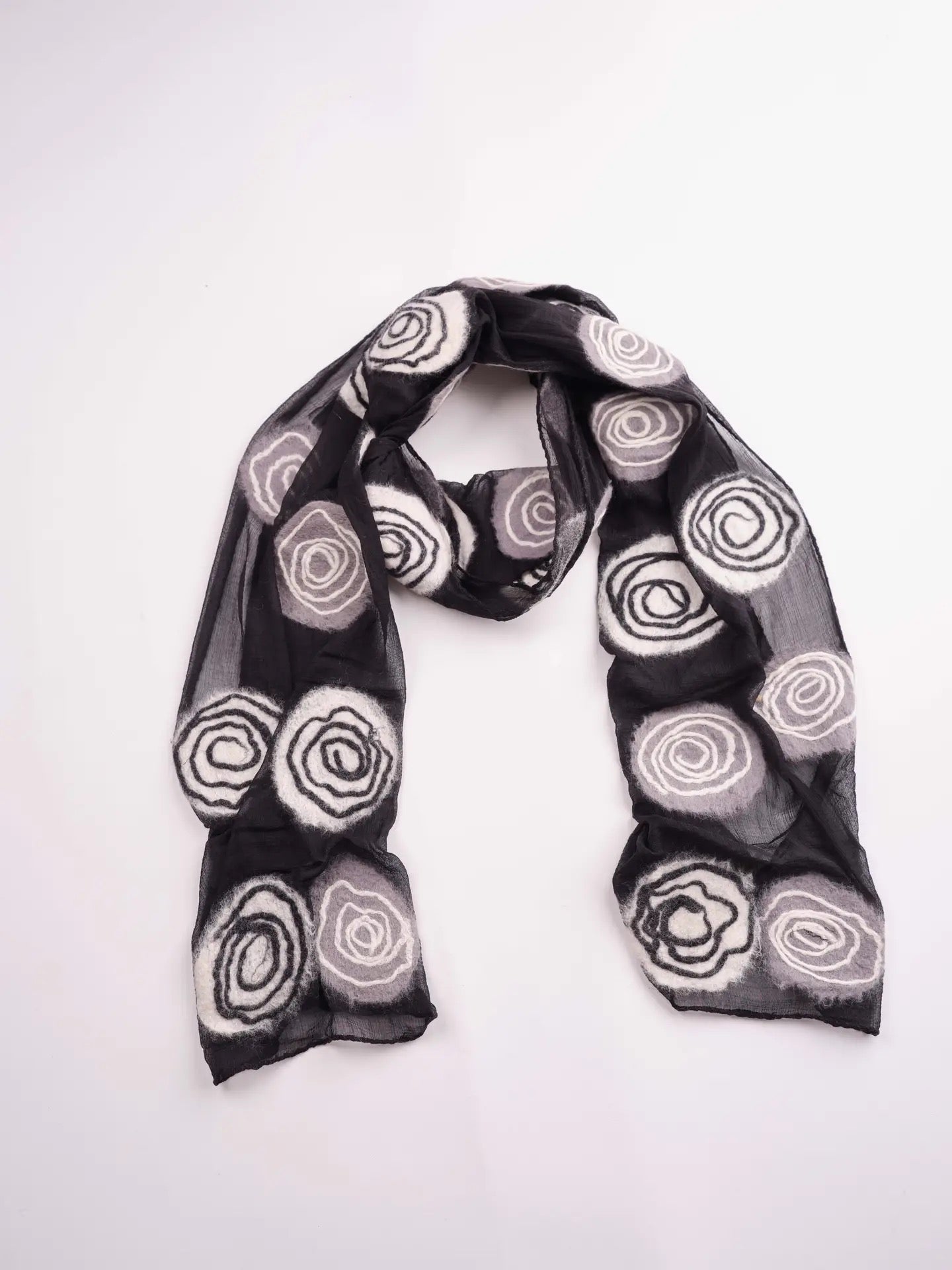 Scarf--"Spiral Circles", Felted Wool & Silk, B&W OR Multi (Windhorse)