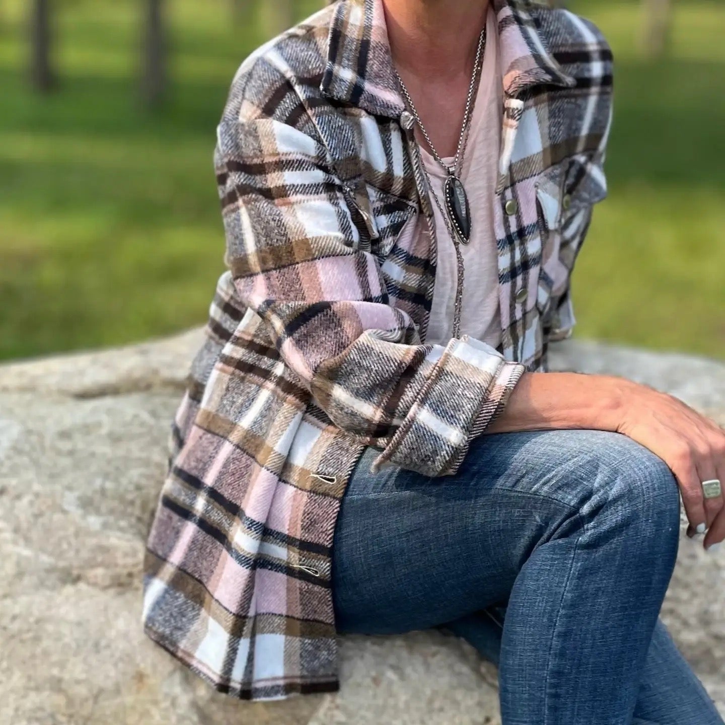 Shacket--Plaid, Flannel, Pink & Tan (Bohemian Grace/Grace & Grit Living)