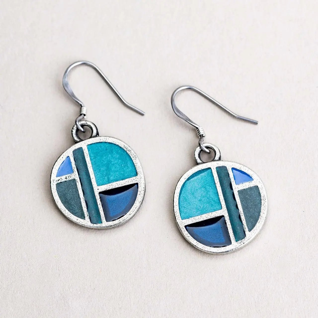 Earrings--"Twilight", Dangle, Pewter & Enamel, Navy/Green Teal/Blue Teal/Denim (Danforth)