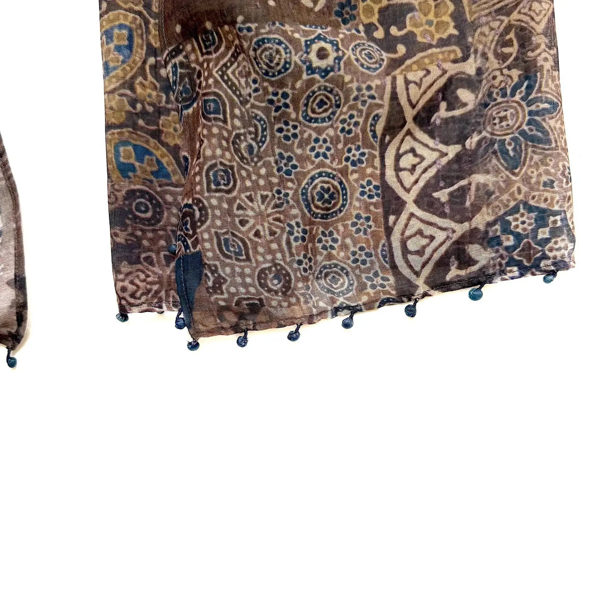 Scarf--Black Print, Cotton-Silk, Earth Browns/Indigo/Off White (Marigold Row)