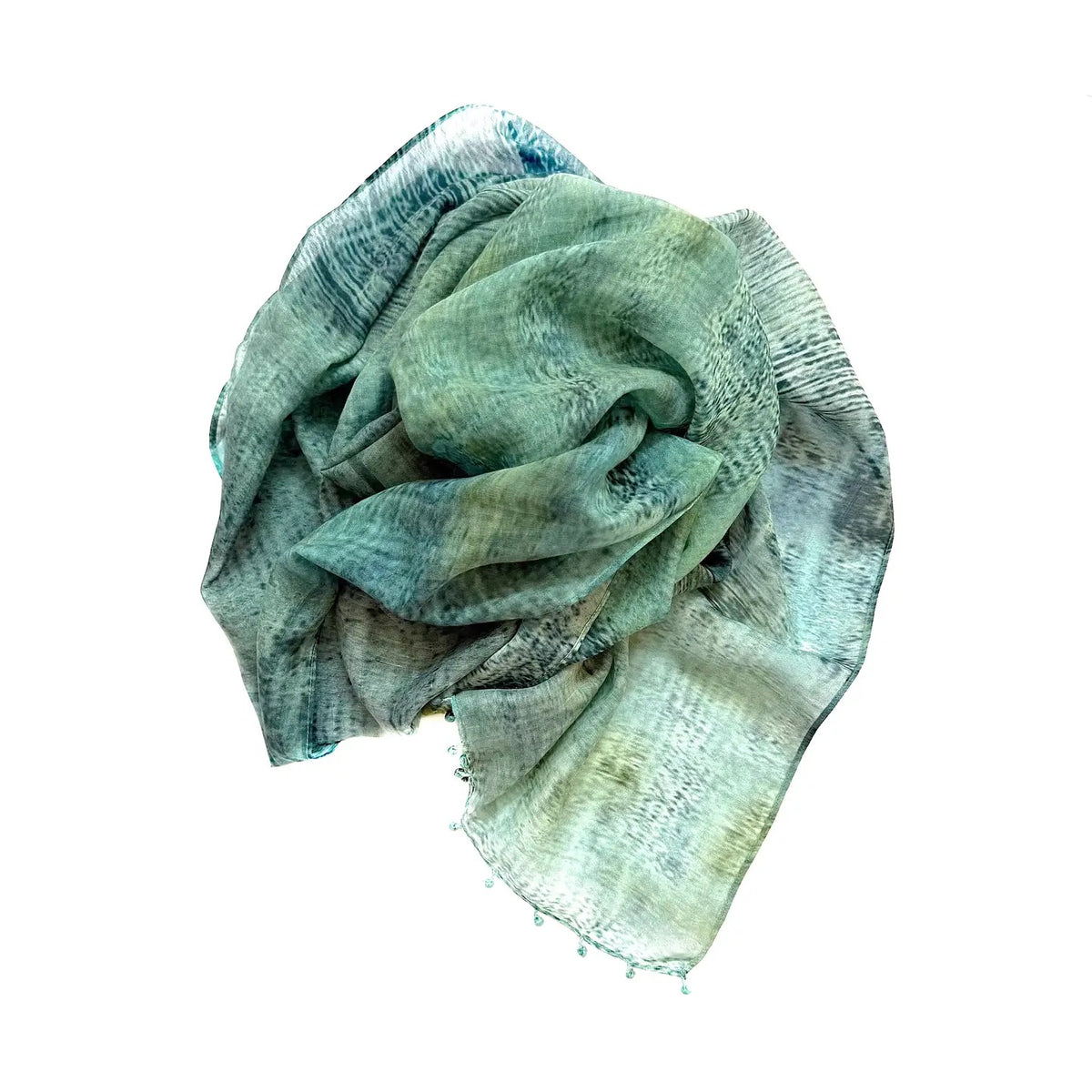Scarf--Black Print, Cotton-Silk, Sea Green/Ocean Blue (Marigold Row)