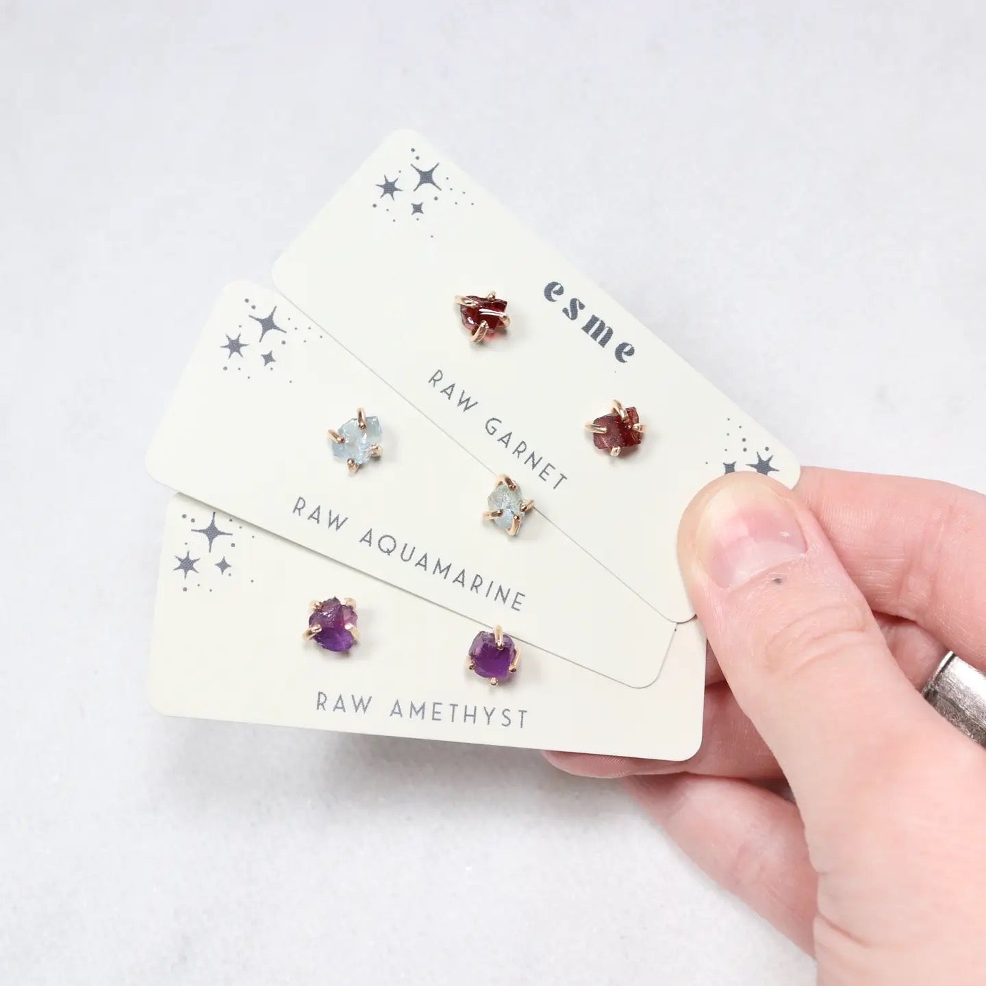 Earrings--Stud, Raw Stone, Silver OR Gold, 3 Stones (Esme)