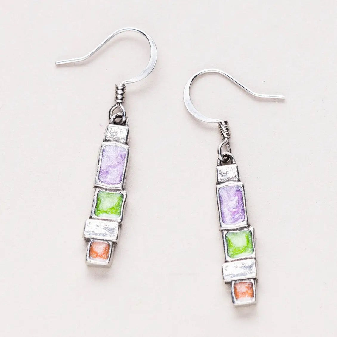 Earrings--"Stepping Stone", Dangle, Pewter & Enamel, Purple/Green/Coral (Danforth Pewter)