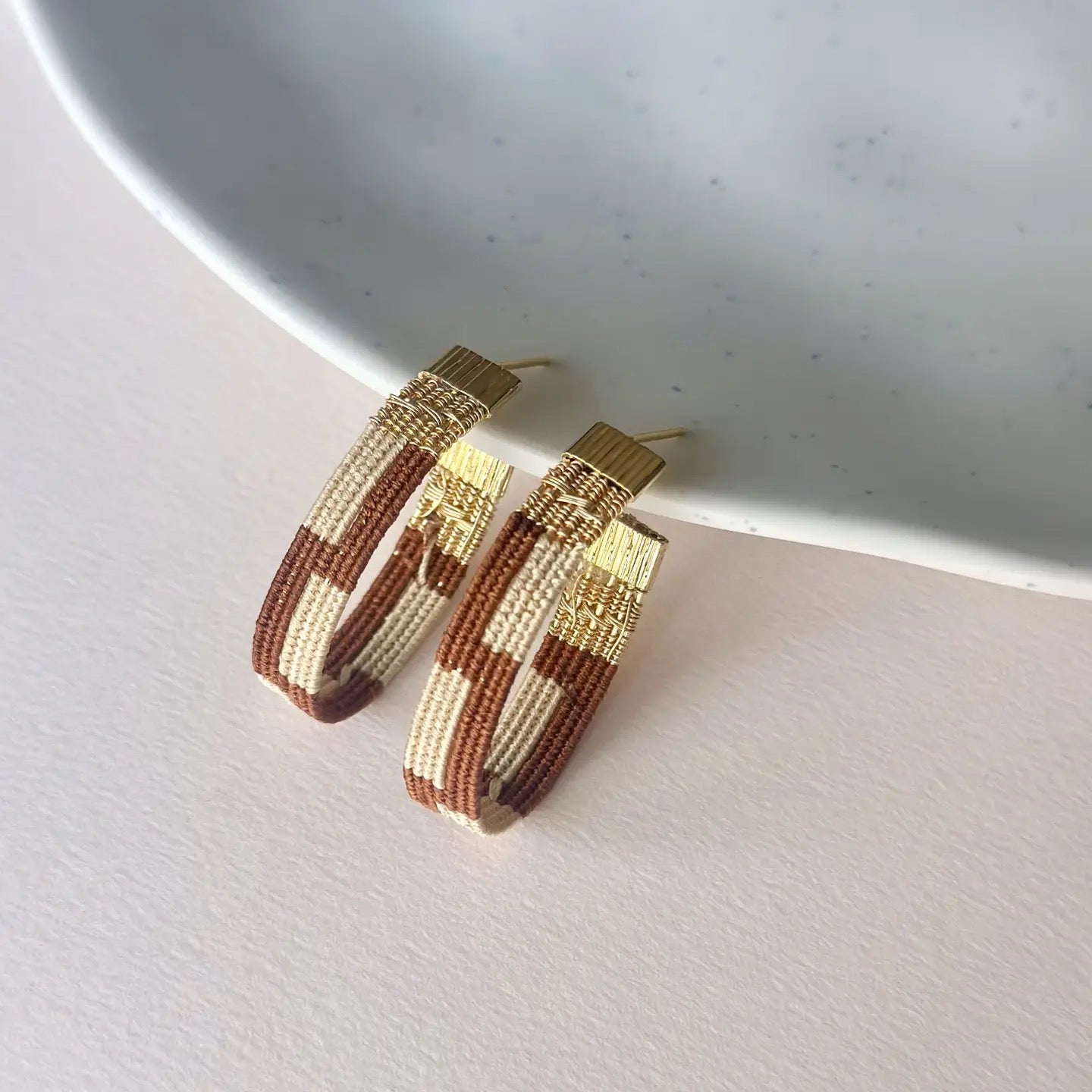 Earrings--"Zoka", Woven, Hoops, Ochre/Cream OR Rose Gold/Silver (Mayana)