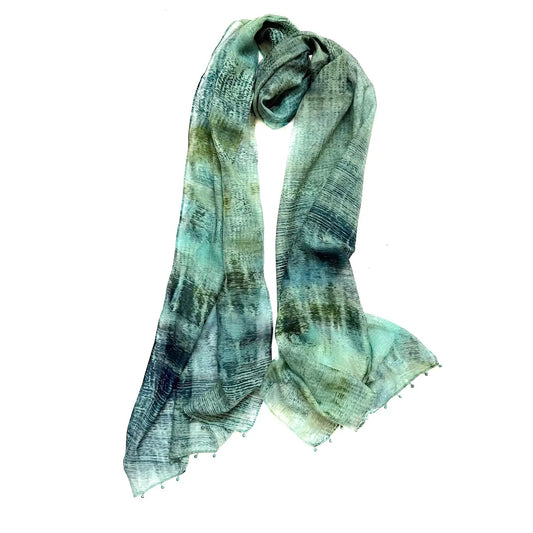 Scarf--Black Print, Cotton-Silk, Sea Green/Ocean Blue (Marigold Row)