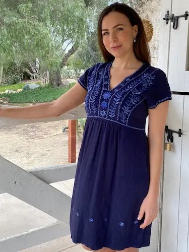 Dress--Embroidered, Short Sleeved, Navy (Abrazo Style)