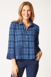 Shirt--Button front, 3/4 Sleeve, Pockets, Navy Plaid (Habitat)