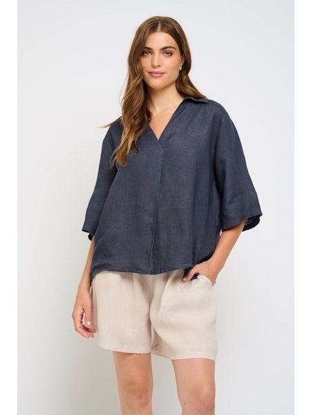 Blouse--Linen, V-Neck, Navy (Pistache)