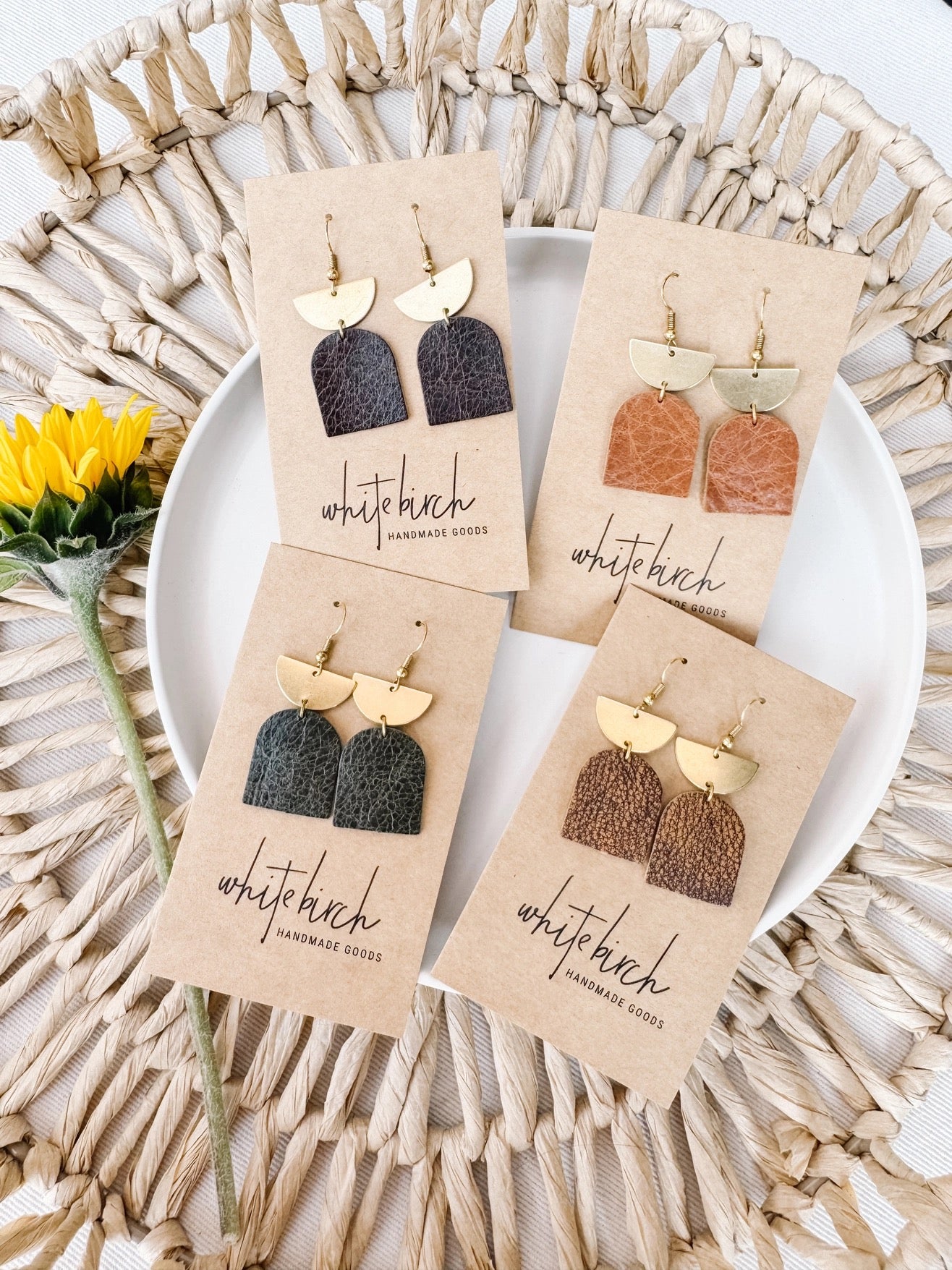 Earrings--Half-Moon & Pendant, Leather & Brass, 4 Colors (White Birch)