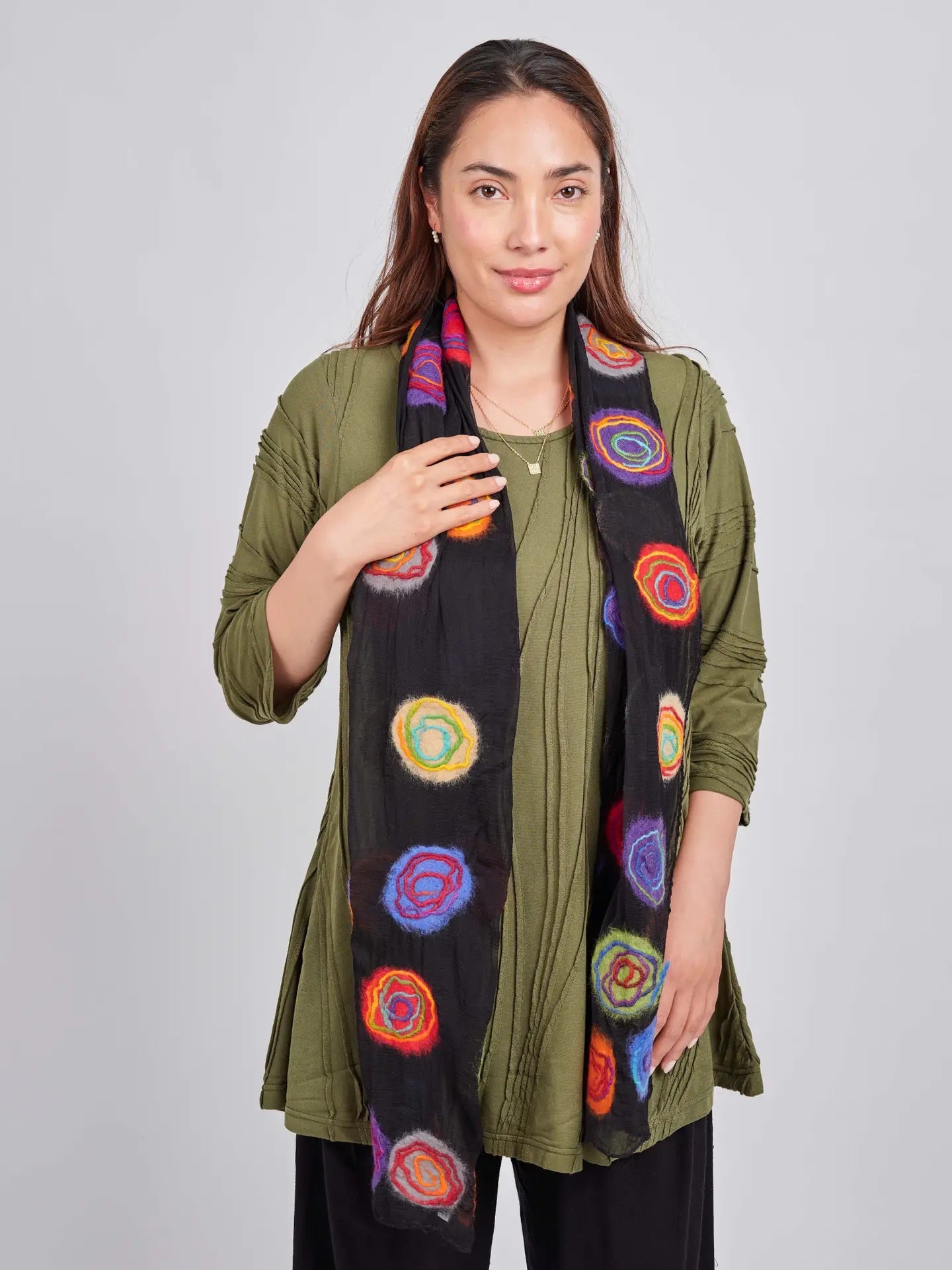 Scarf--"Spiral Circles", Felted Wool & Silk, B&W OR Multi (Windhorse)