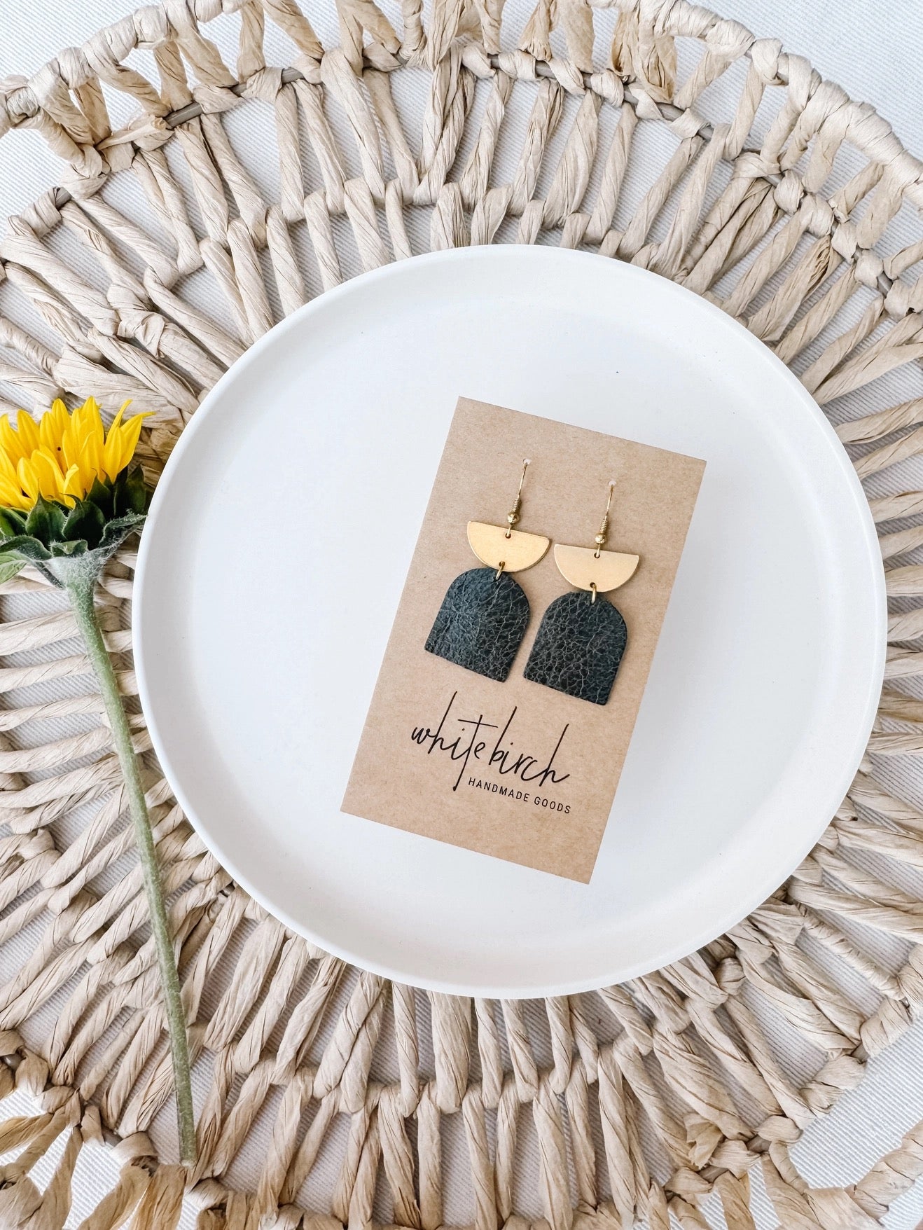 Earrings--Half-Moon & Pendant, Leather & Brass, 4 Colors (White Birch)