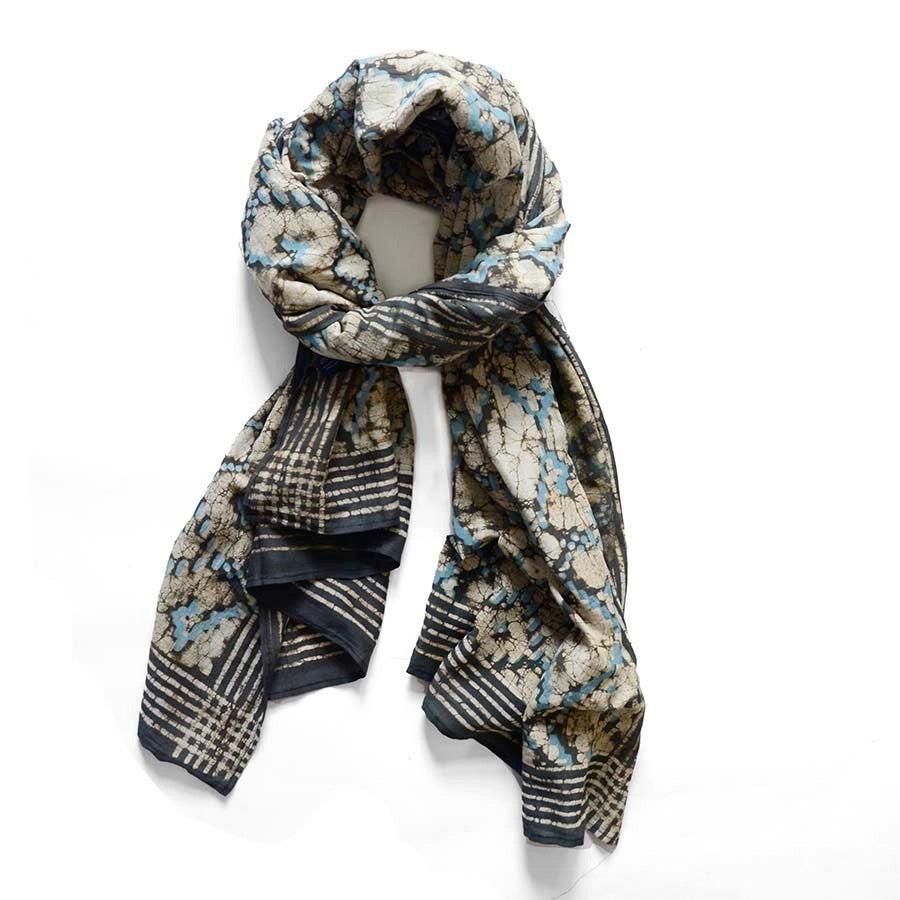 Scarf--Batik, Desert Pattern, Cotton-Silk, Blue-Grey-Tan-Black (Ichcha)