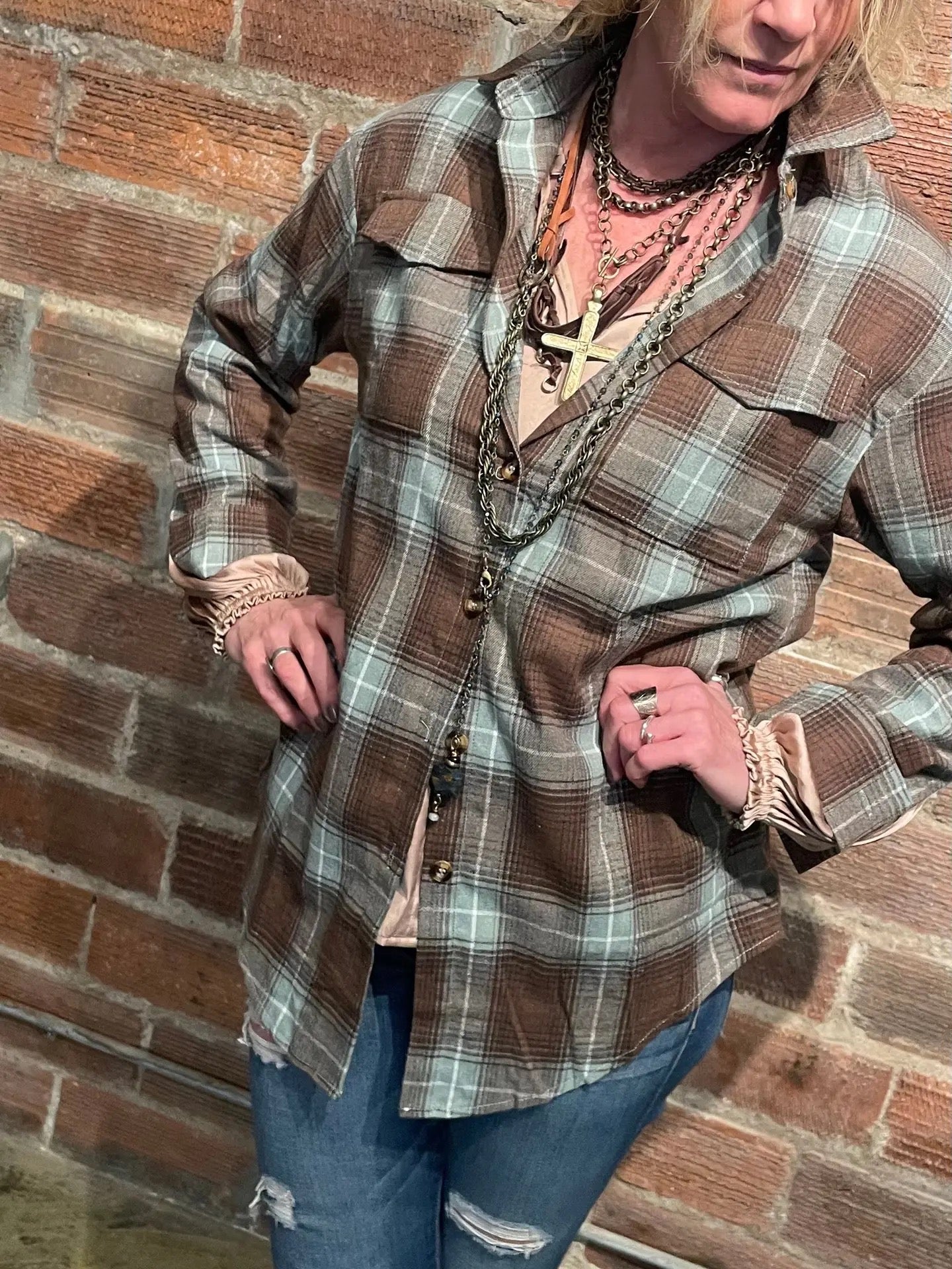 Shirt--"Petra", Plaid, Flannel, Green & Tan (Bohemian Grace / Grace & Grit Living)