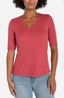 Shirt--V-Neck, Half-Sleeve, Knit, Garnet Rose (Liverpool LA)