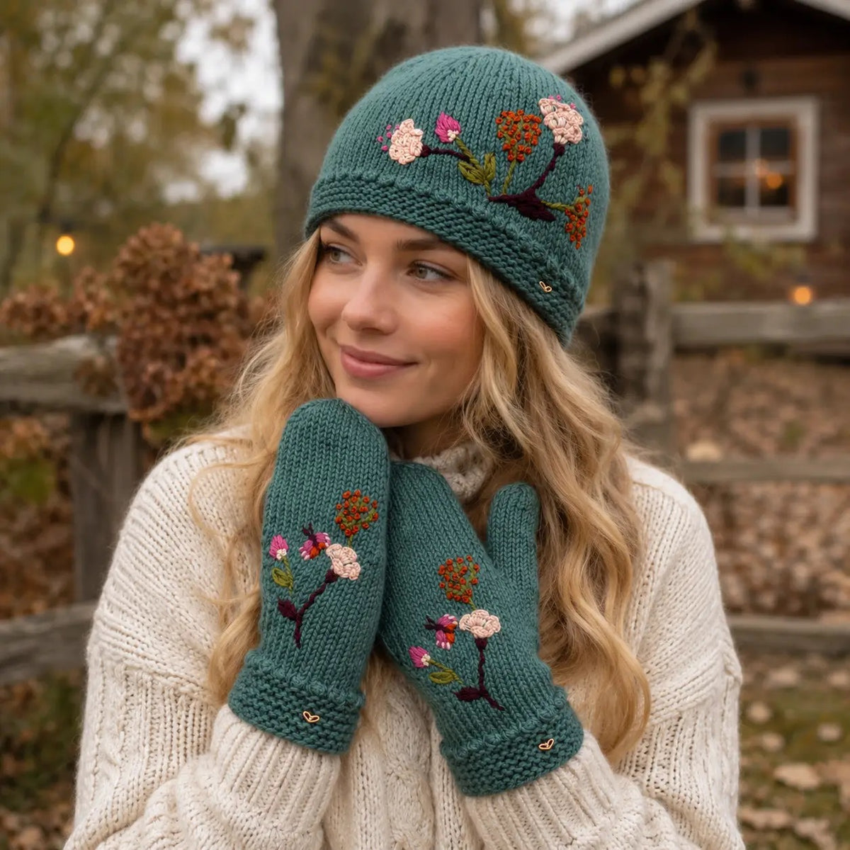 Mittens--"Floral", Wool --Blue Sage (By Many Hands)