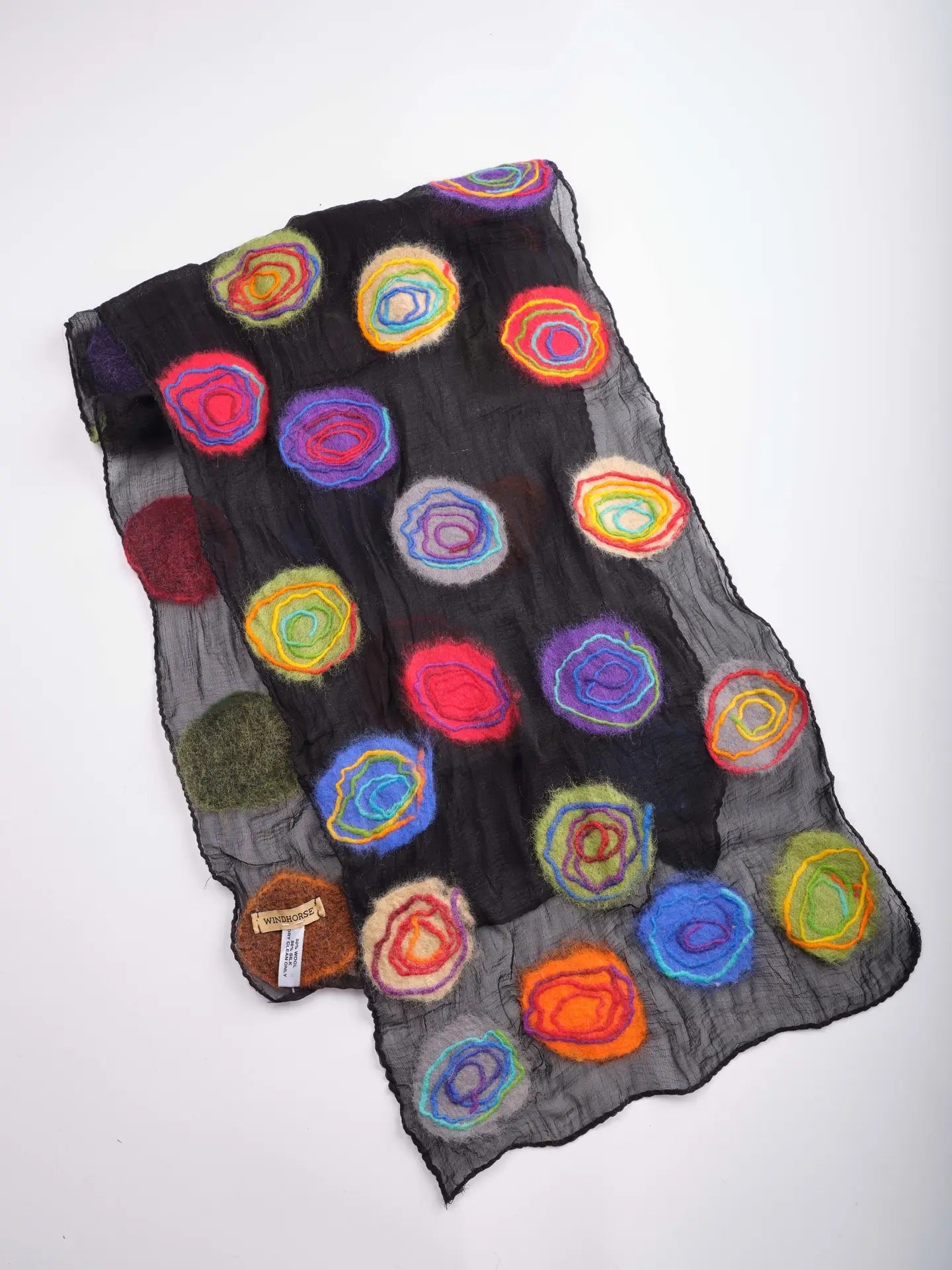 Scarf--"Spiral Circles", Felted Wool & Silk, B&W OR Multi (Windhorse)