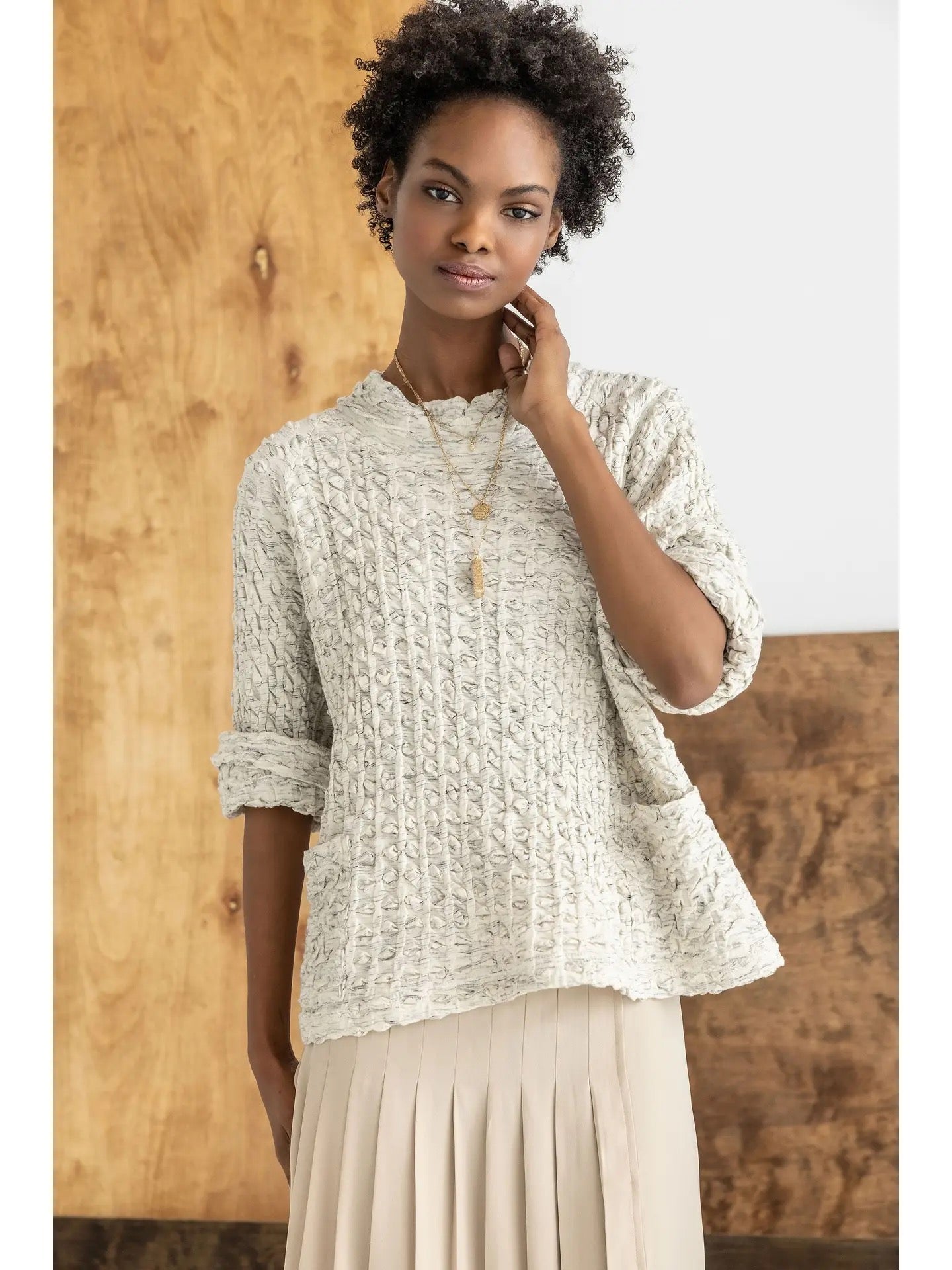 Top--Marled, Waffle, Long-Sleeve, Cream (Komil)