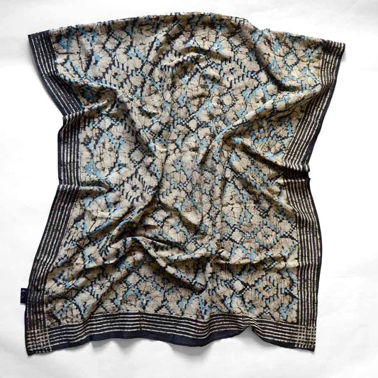 Scarf--Batik, Desert Pattern, Cotton-Silk, Blue-Grey-Tan-Black (Ichcha)
