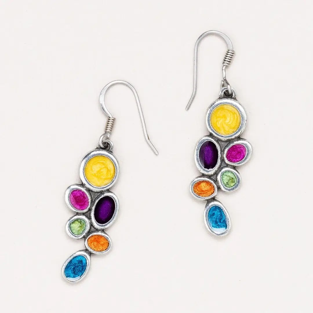 Earrings--"Lindy" (Fiesta), Dangle, Pewter & Enamel, Rust/Teal/Garnet/Mustard (Danforth Pewter)