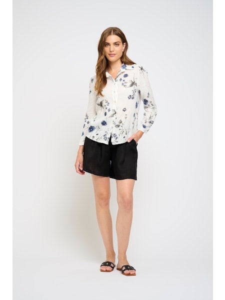 Blouse--Linen, Button, Long Sleeves, Grey-Blue Floral (Pistache)