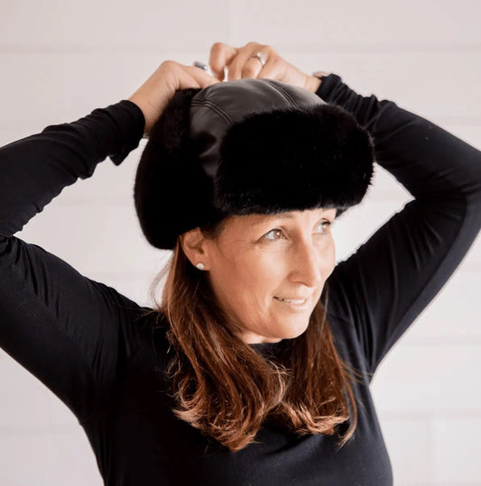 Hat--Bomber, Faux Fur/Faux Leather, Black (Heim-Made)