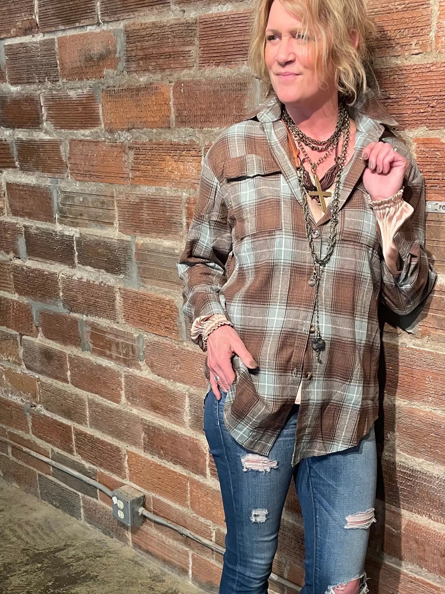 Shirt--"Petra", Plaid, Flannel, Green & Tan (Bohemian Grace / Grace & Grit Living)