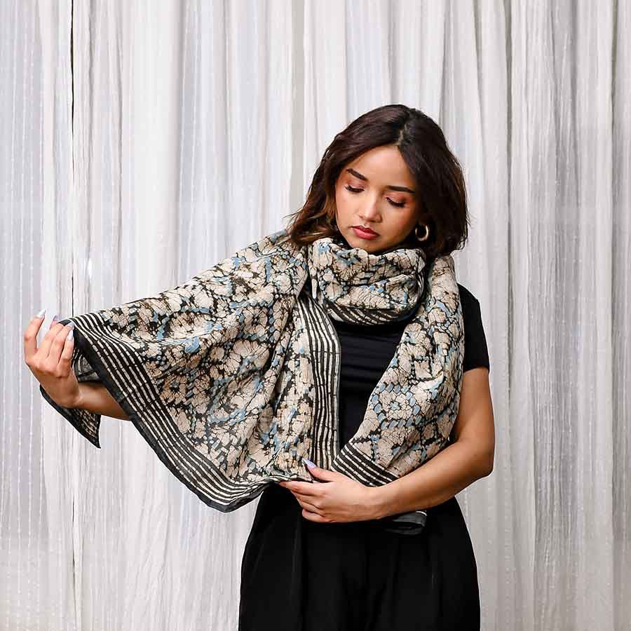 Scarf--Batik, Desert Pattern, Cotton-Silk, Blue-Grey-Tan-Black (Ichcha)