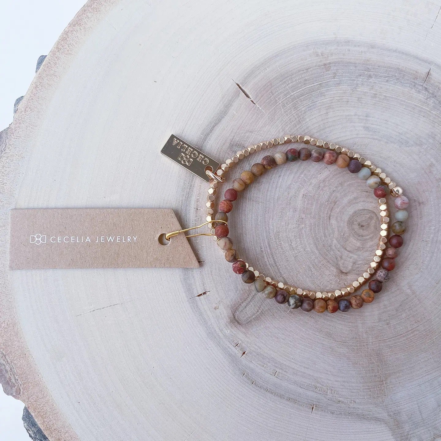 Bracelet--Double Wrap, Stone & GOLD Nuggets, 7 Stones (Cecelia Designs)