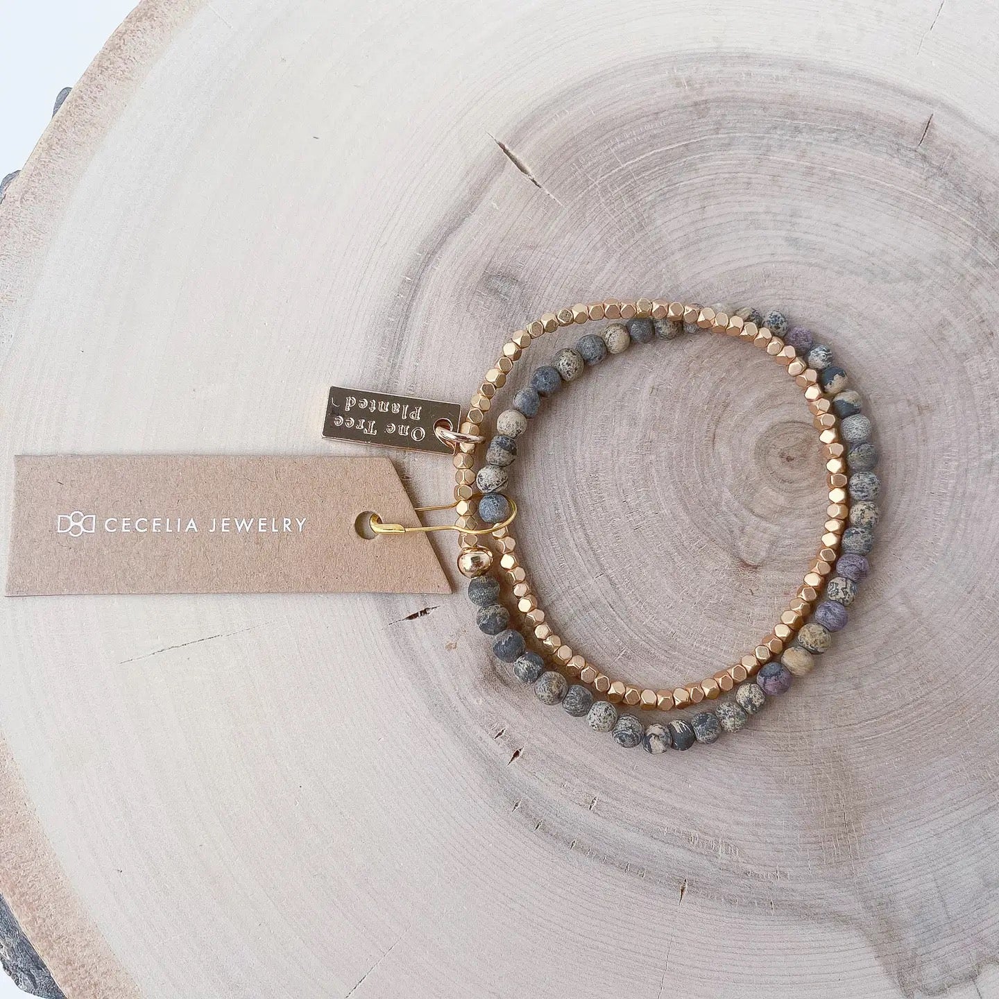 Bracelet--Double Wrap, Stone & GOLD Nuggets, 7 Stones (Cecelia Designs)