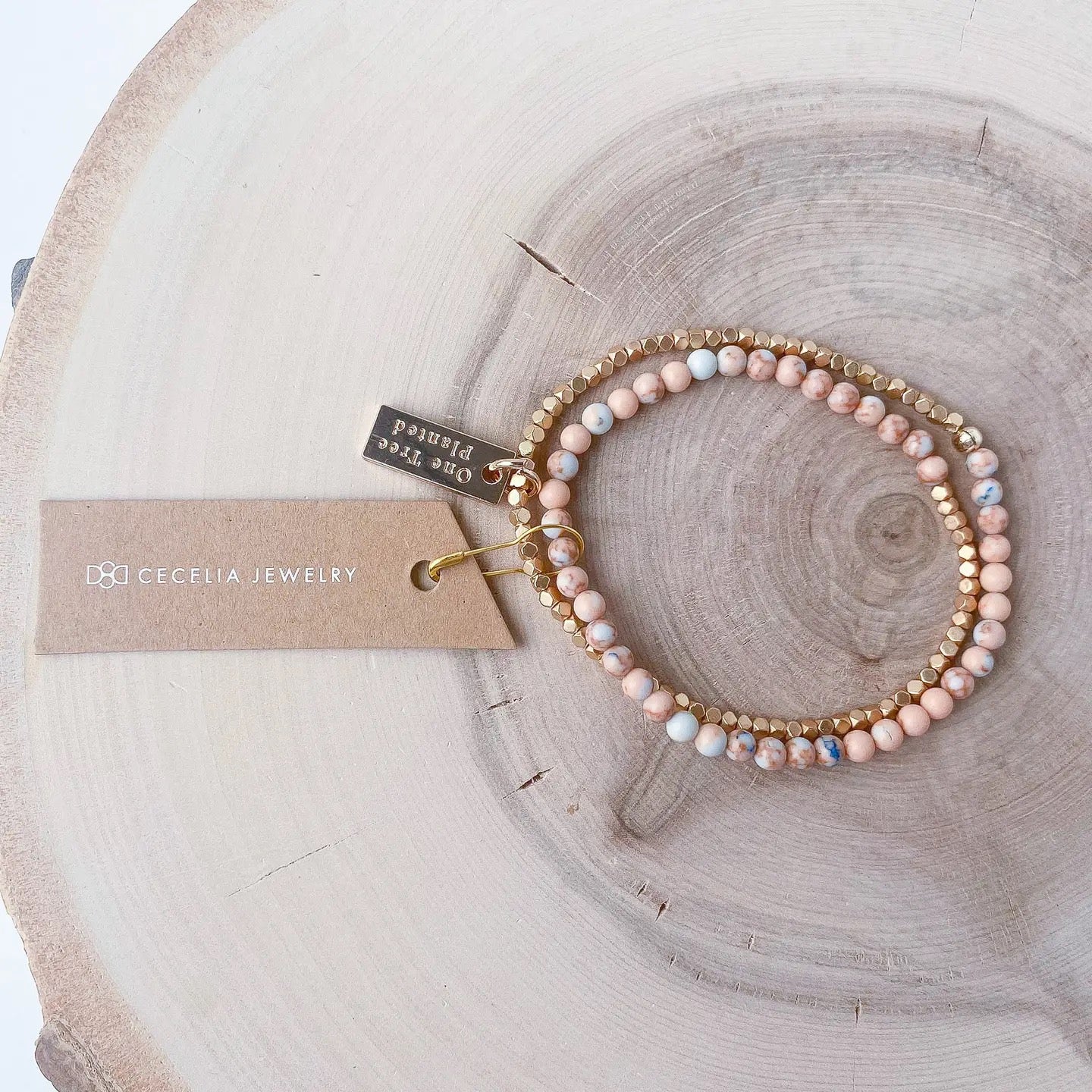 Bracelet--Double Wrap, Stone & GOLD Nuggets, 7 Stones (Cecelia Designs)