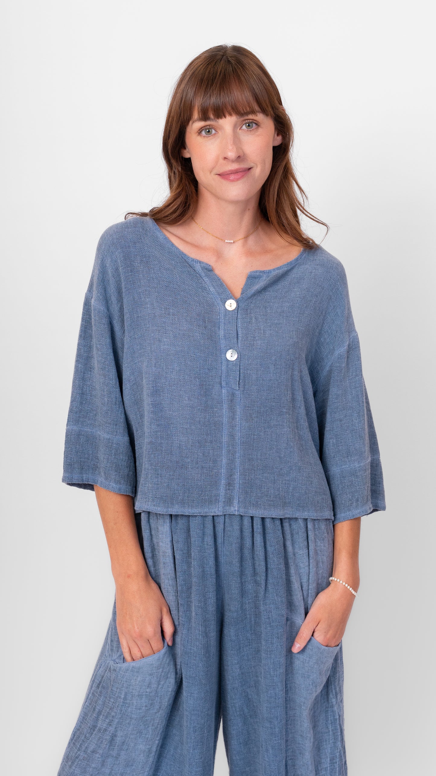 Top--Short Sleeve, Open weave, 2-Button, Linen-Cotton, Blue Jean (Me & Gee)
