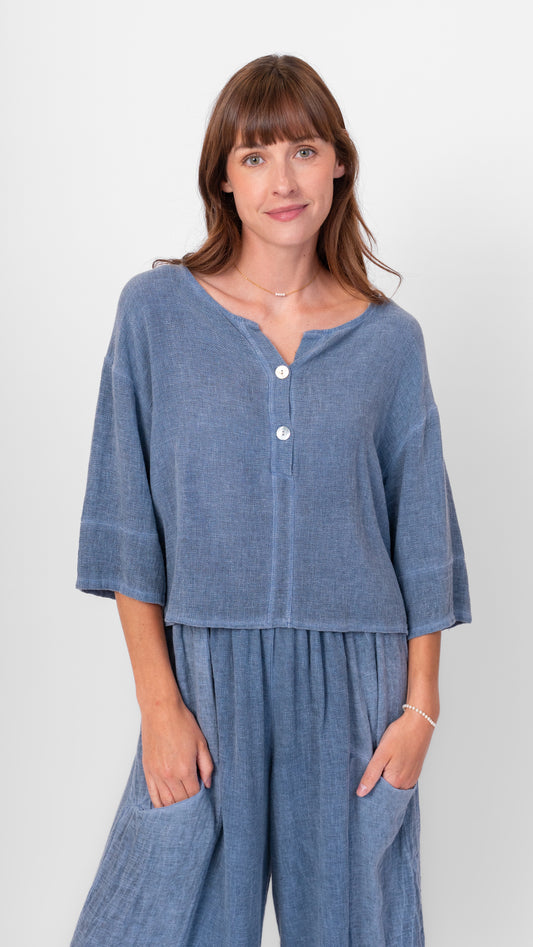 Top--Short Sleeve, Open weave, 2-Button, Linen-Cotton, Blue Jean (Me & Gee)