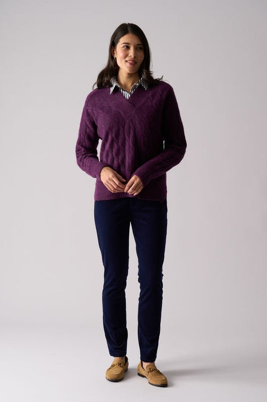 Sweater--"Gauge Your Interest", V-Neck, Poly-Blend, Cable--OLIVE (FOIL)