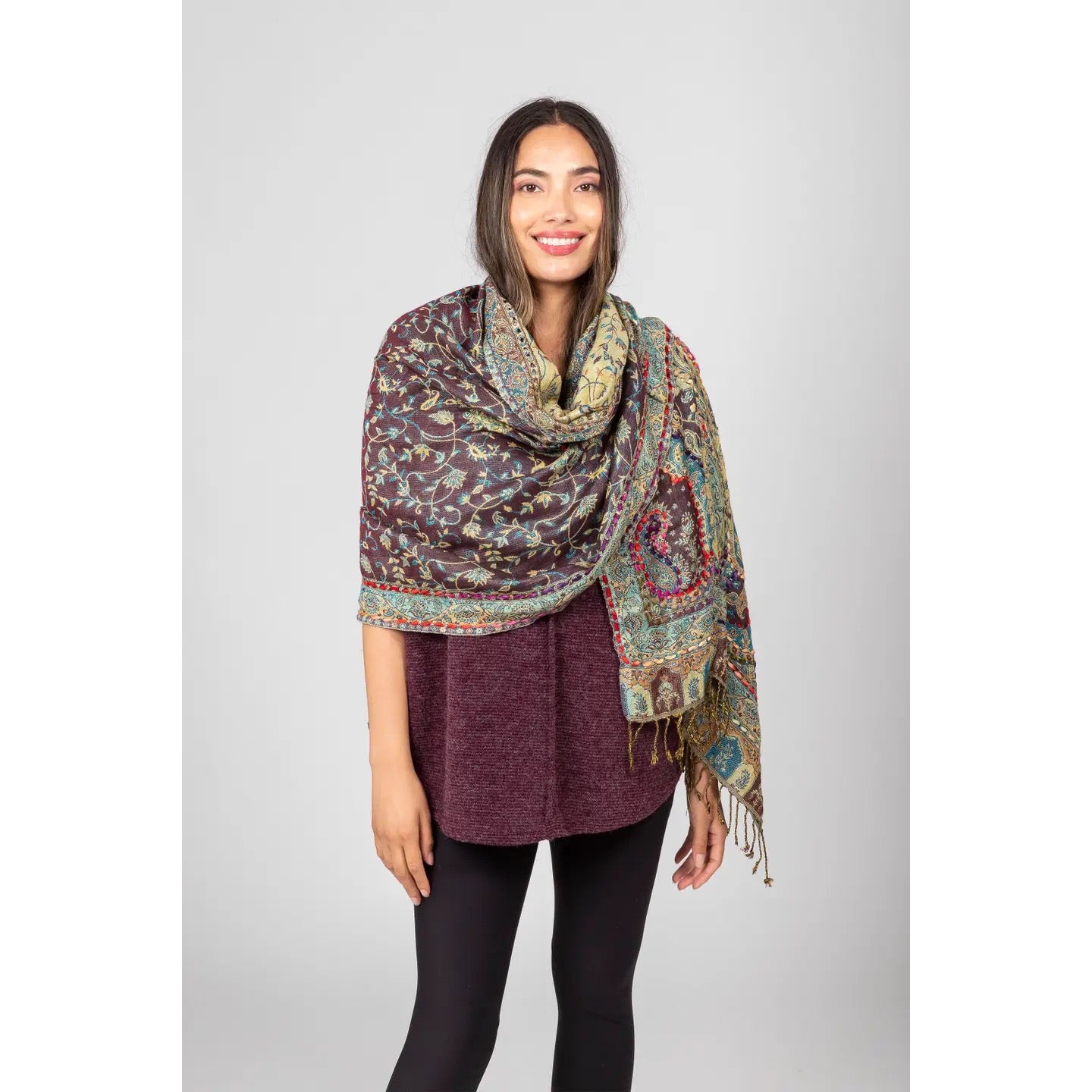Shawl--Paisley, Embroidered, Brown w/multi (Windhorse Trading)