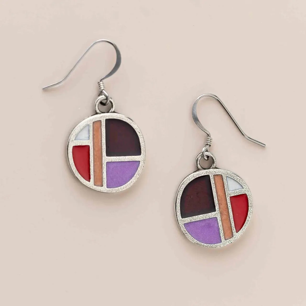 Earrings--"Rum Punch", Dangle, Pewter & Enamel, Purple/Red/Mustard/Brown (Danforth Pewter)