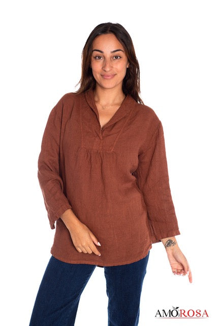 Tunic--Overlap, V-Neck, Linen, Redwood (Amorosa)