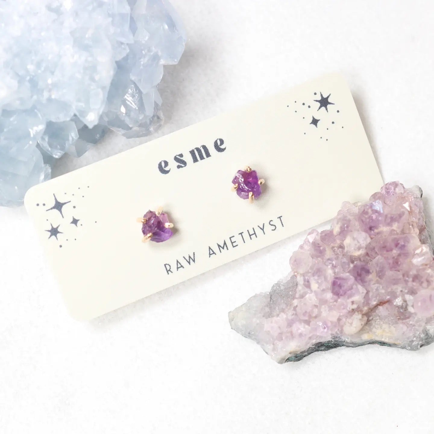Earrings--Stud, Raw Stone, Silver OR Gold, 3 Stones (Esme)