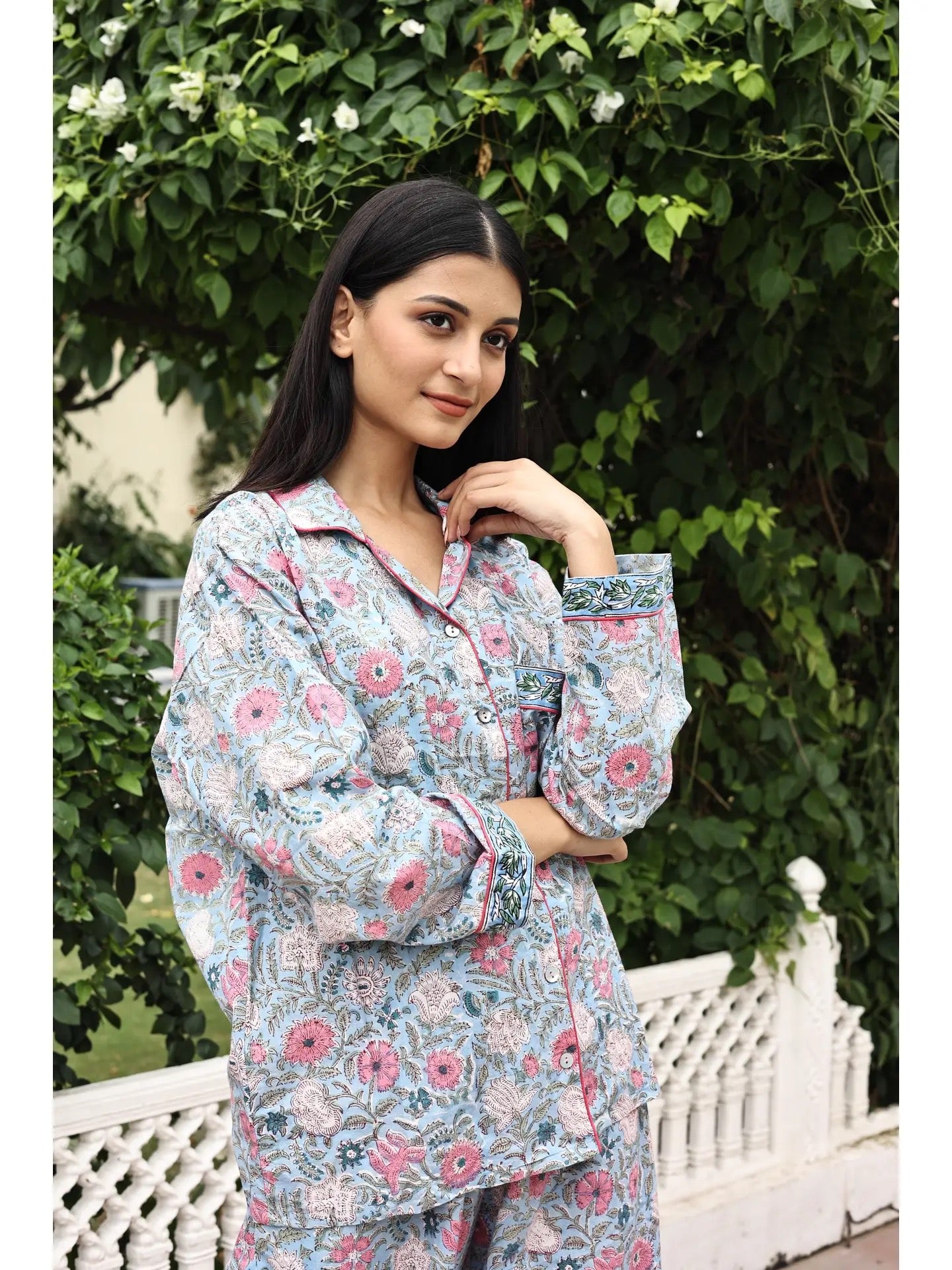 Pajamas--Cotton, Indian Print, Blue & Pink (Fox & Mermaid)