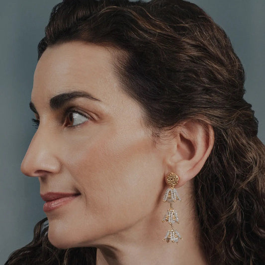 Earrings--"Bell Drop & Pearl", Posts, Cream OR Silver (Mayana)