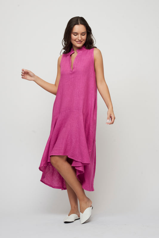 Dress--Linen, High-Low, Ruffle, Sleeveless, Pink or Black (Pistache)