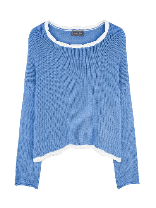 Sweater--"Kyla", Tipped, Cotton, Mykonos Blue/White (Wooden Ships)