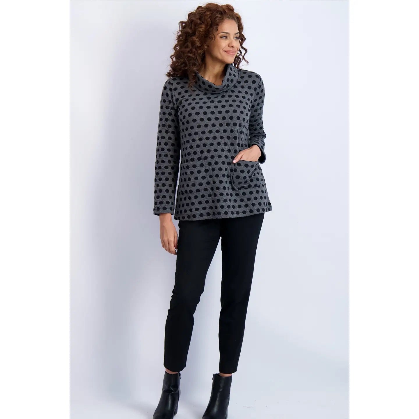 Tunic--"Spot"-Como, Cowl, Long-Sleeve, Grey/Black (Komil)