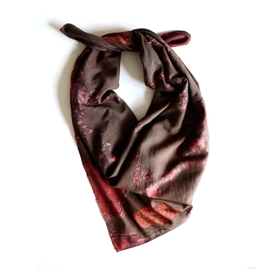 Scarf--Batik, Botanical Pattern, Cotton-Silk, Pink & Brown (Ichcha)