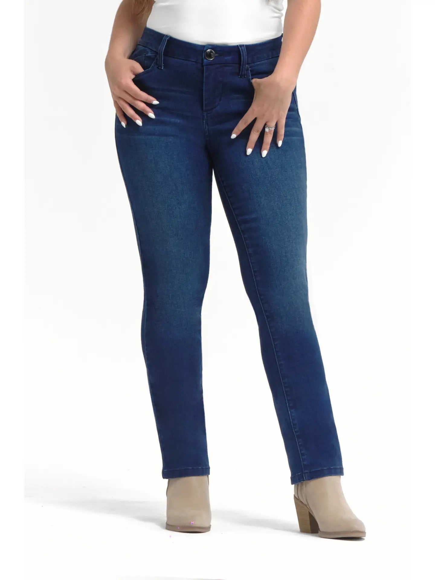 Pants--Jean, PETITE, Mid-Rise, Slim-Straight, Blue ("Yelena") (1822 Denim)