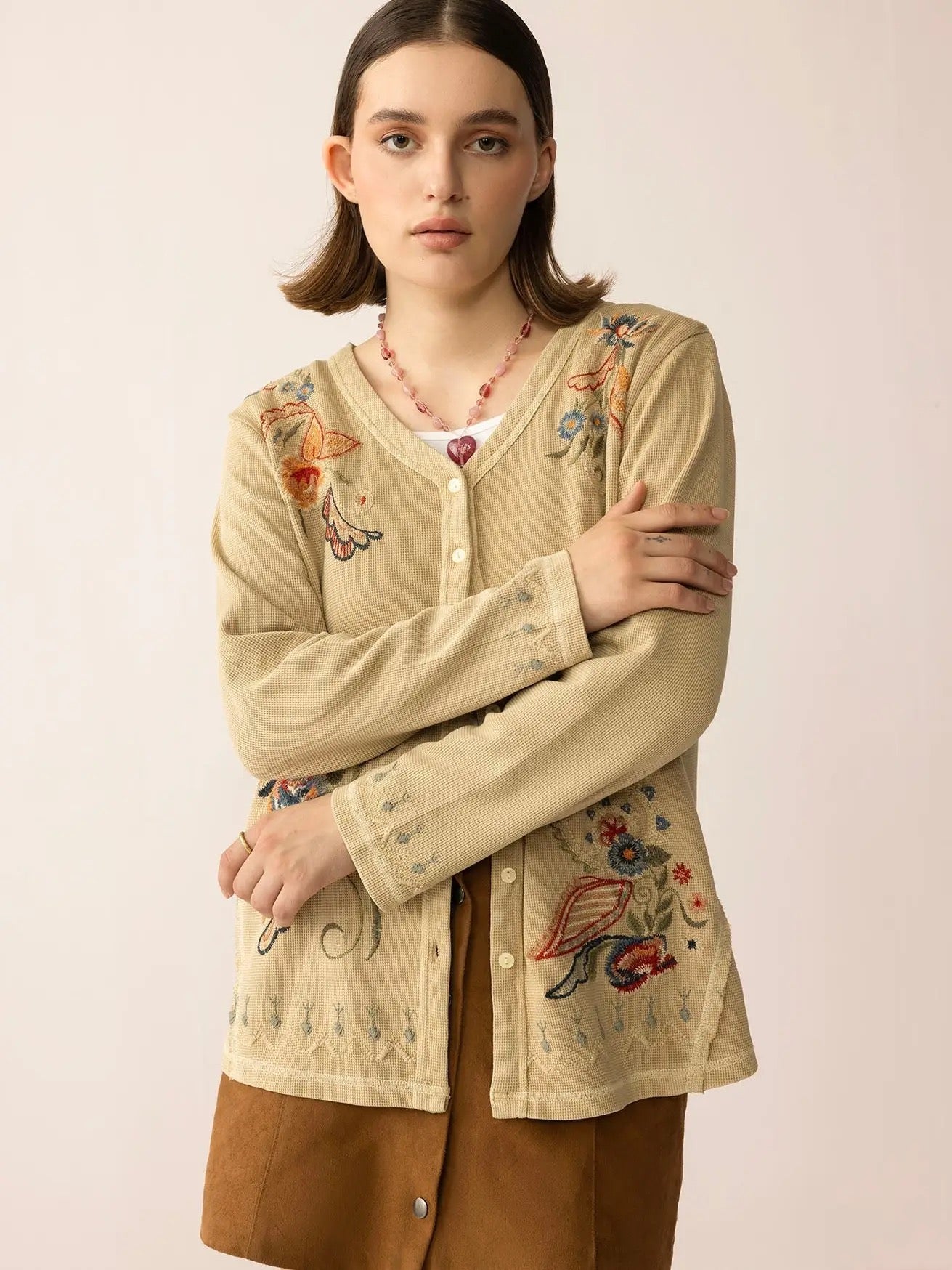 Cardigan--"Birdsong Bloom", Floral Embroidery, Almond (Bohera)