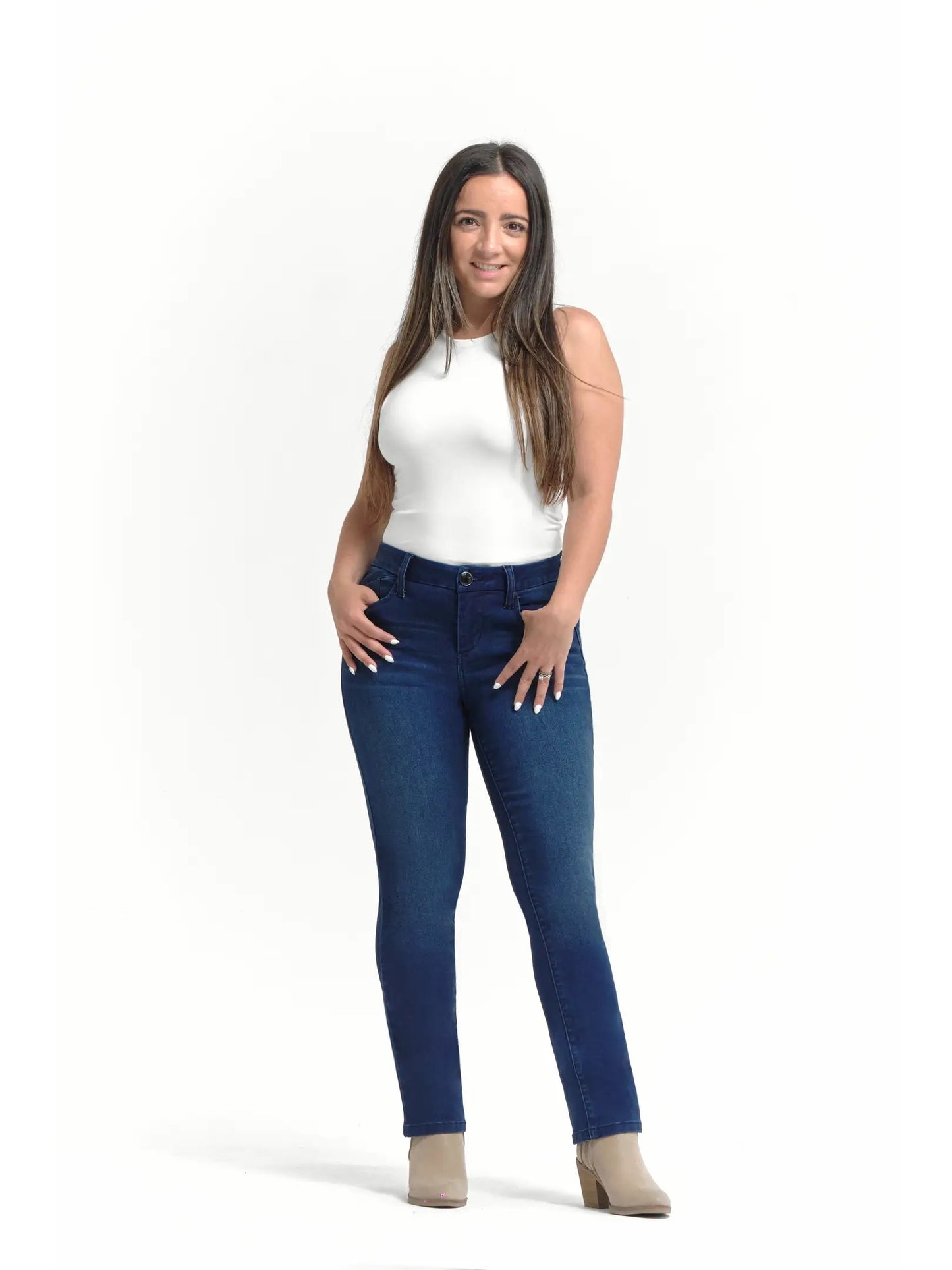 Pants--Jean, PETITE, Mid-Rise, Slim-Straight, Blue ("Yelena") (1822 Denim)