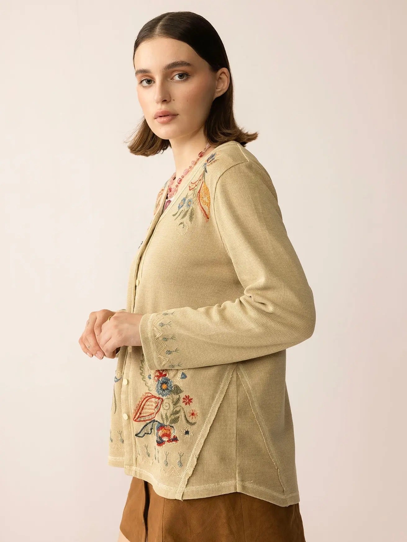 Cardigan--"Birdsong Bloom", Floral Embroidery, Almond (Bohera)