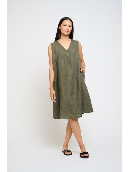 Dress--Linen, Front Pleat, Vine Green/Black/OR Strawberry (Pistache)