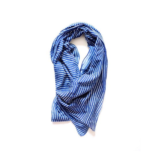 Scarf--Batik, Stripes, Cotton-Silk, Blue (Ichcha)