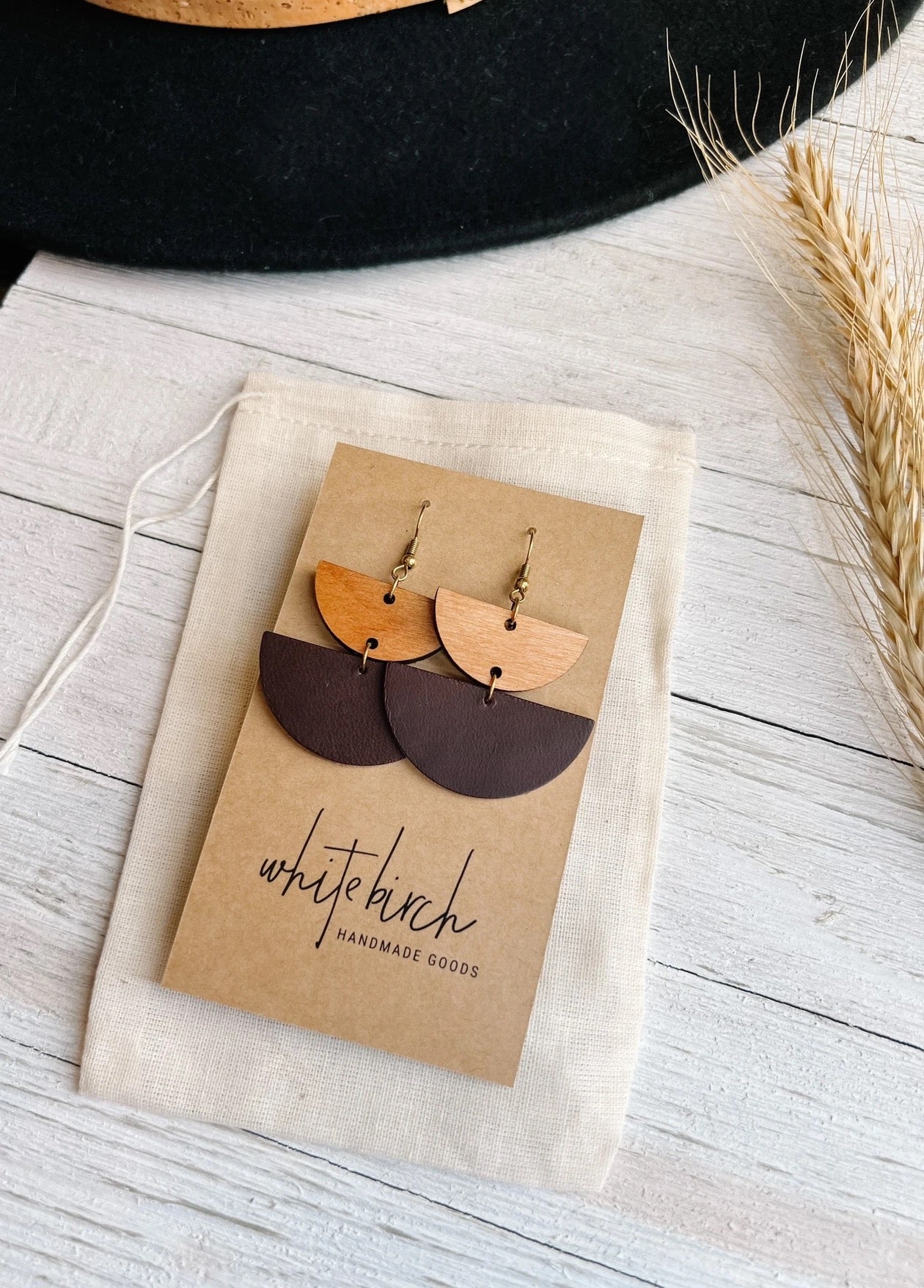 Earrings--Double Half Moons, Leather & Wood, Cherry & Brown (White Birch)